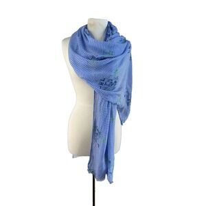 Lauren Ralph Lauren Nautical Blue White Stripe Scarf/Wrap LRL Logo Viscose 29x72